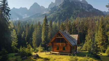 Fototapeta na wymiar A cozy wooden cabin surrounded by pine trees and a mountain backdrop AI generated illustration