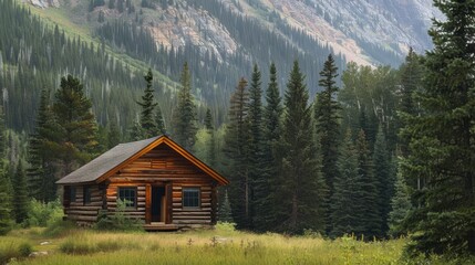 A cozy wooden cabin surrounded by pine trees and a mountain backdrop  AI generated illustration - obrazy, fototapety, plakaty