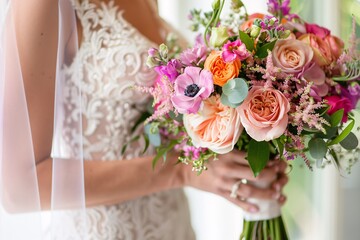 Intimate view of a brunette bride's delicate hands clasping her bouquet, the vibrant blooms contrasting beautifully against her gown 01