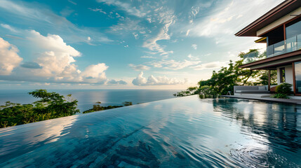 A luxurious infinity pool with a seamless view of the ocean horizon. - obrazy, fototapety, plakaty