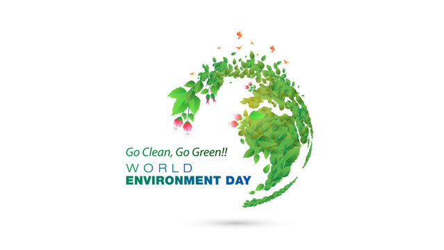 Green World Environment day Vector illustration. Modern Globe, earth map with green leaf and World Environment day typography on white background.