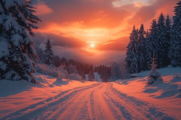 A breathtaking snowy winter landscape with a road leading to the golden sunrise, evoking peace and wonder