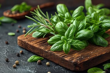 Vibrant green basil leaves and sprigs of rosemary arranged on a rustic wooden cutting board dotted with peppercorns