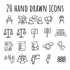 Vector editable set of icons related to politics, management, election campaign, court