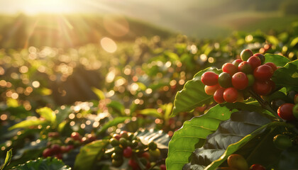 Bright morning sun shines over coffee plantation or farm. Red raw berries on small shrubs in foreground. Generative AI - Powered by Adobe