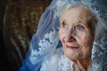 Intimate glimpse of an elderly bride's face in a vintage wedding portrait, her eyes twinkling with memories of love and joy 01
