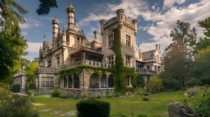 Obraz premium A historic castle turned luxury hotel with majestic architecture and lush gardens.