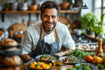 A smiling chef presents a plate of grilled food surrounded by fresh ingredients in a well-equipped...