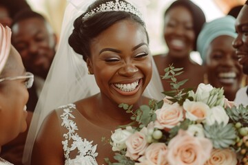 Close-up shot of the curvy bride's radiant face, beaming with happiness and excitement as she...