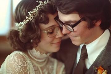 Close-up shot of a retro wedding photo from the 1970s capturing the tender embrace between a young bride and her partner 02 - Powered by Adobe