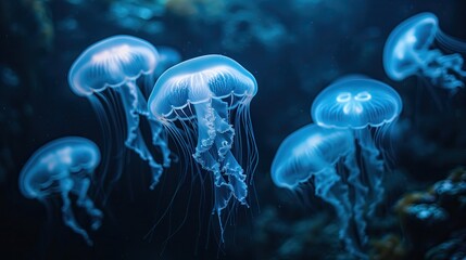Electric blue jellyfish with bioluminescence swimming in azure water
