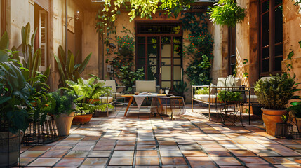 Fototapeta na wymiar A Mediterranean-inspired patio with terracotta tiles and lush plantings.