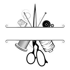 Cutting and sewing sign frame design. Sewing scissors, needle and thread