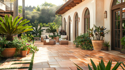 Fototapeta na wymiar A Mediterranean-inspired patio with terracotta tiles and lush plantings.
