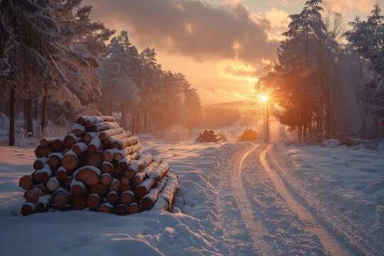 The warm glow of the sun rising behind a neatly stacked woodpile in a snowy forest setting