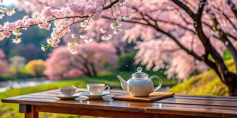 there is a glass table under the sakura, and a teapot and a cup are white on it, sakura leaves are falling on the table, the landscape is a painted picture - obrazy, fototapety, plakaty