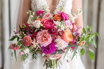 Close-up shot capturing the intricate details of the bride's bridal bouquet, showcasing the vibrant colors and delicate blooms 03