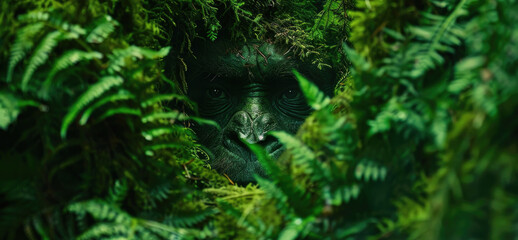 A concealed gorillas face emerges from verdant ferns, its eyes peering out in a natural camouflage