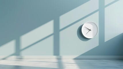 A white clock on a light blue wall illuminated by sunlight falling from the window.