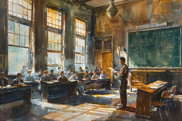 A painting depicting a bustling classroom filled with students engaged in various activities such as writing, reading, and discussing lessons