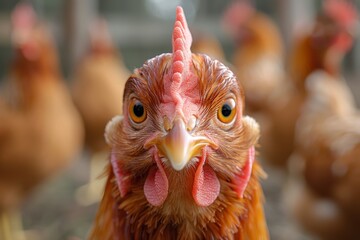 A detailed close-up of a curious chicken gazing into the camera against a farm background