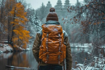 A solitary adventurer with a backpack contemplating a peaceful snowy forest by a lake, evoking a sense of wanderlust