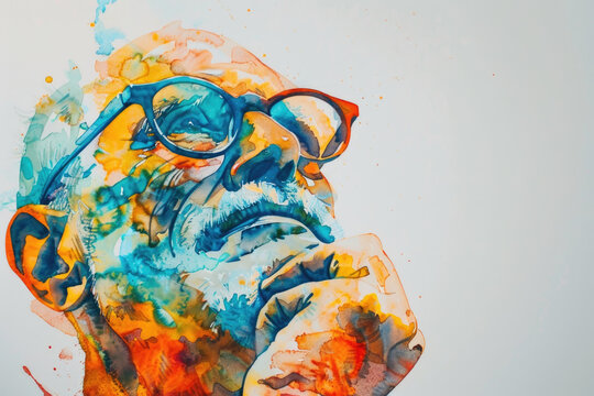 A vibrant watercolor painting depicts a bearded man deep in thought, glasses perched on his nose