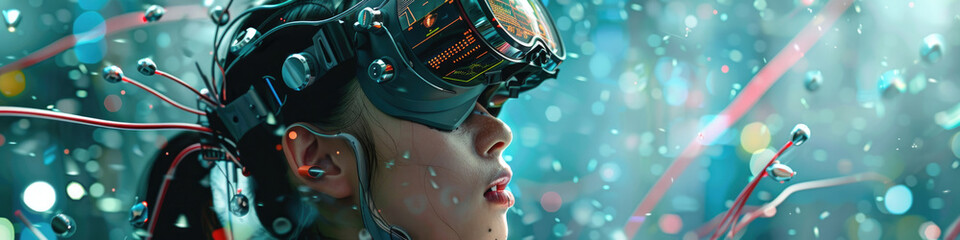 A side view of a cyborg with intricate headgear in a dreamlike, sparkling environment