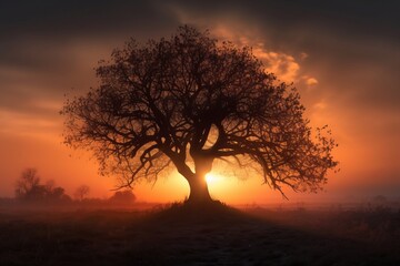 Beauty misterious tree in the sunset. Generate Ai