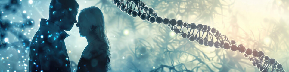 A silhouette of a loving couple embracing, juxtaposed with a DNA helix against a backdrop of a celestial sky