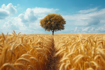Naklejka premium Solitary tree in vast wheat field