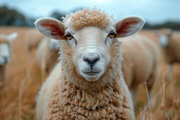 A front-facing detailed snapshot of an inquisitive sheep, with other sheep blurred in the background on a overcast day