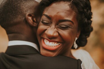 Close-up of the curvy bride's radiant smile, her eyes filled with tears of joy as she embraces her partner in a warm hug 01