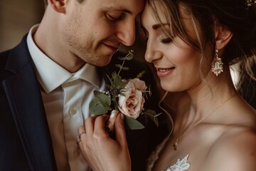 Close-up of the bride's hands as she adjusts her partner's boutonniere, a tender moment between them - obrazy, fototapety, plakaty