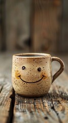Fototapeta na wymiar A rustic mug, with a gently carved smile, sits on a worn wooden table. Mug with a simple and welcoming design invites you to a moment of pause and comfort.
