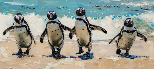 African penguins emerging from the ocean onto a sandy beach