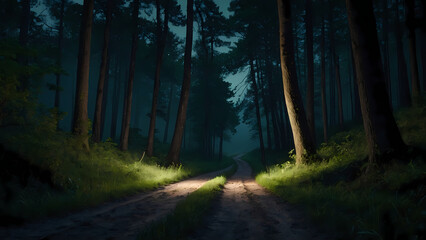 Fototapeta premium sunset in the forest long way