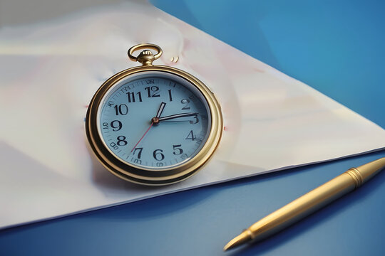 close-up of calendar and clock on the blue table background, planning for a business meeting or travel planning concept design.