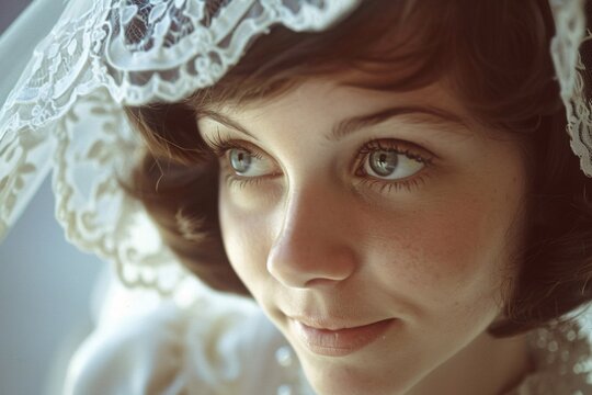 Close-up of an old-fashioned wedding photograph from the 1970s, the young bride's eyes sparkling with retro charm and love 01
