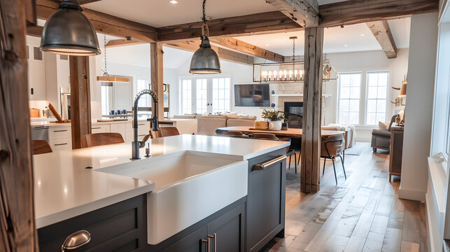 A modern farmhouse kitchen with rustic wood beams and a large farmhouse sink.