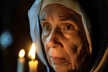 Close-up of a nun in a convent, her serene expression illuminated by the soft glow of candlelight 01