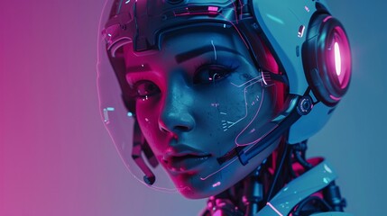 Portrait of futuristic  female cyborg in helmet