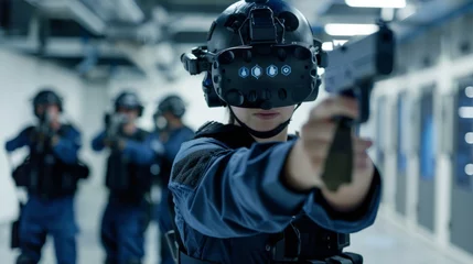 Tuinposter Virtual Reality Firearms Training in Indoor Range © Prostock-studio