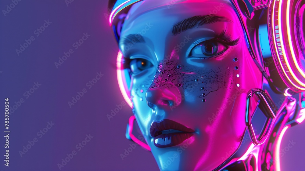 Wall mural portrait of futuristic female cyborg in colored background