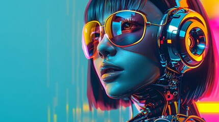Portrait of Asian futuristic  female cyborg in colored background