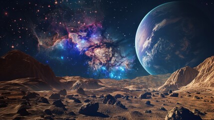 A planet and its moon are seen in the distance, surrounded by a sea of stars. In the foreground, a rocky, barren landscape stretches out.