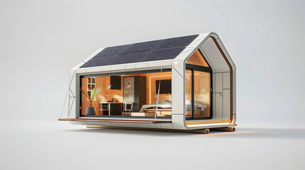 A modular and transportable housing unit designed for quick deployment in emergency situations or as temporary accommodations featuring solar panels and rainwater harvesting.