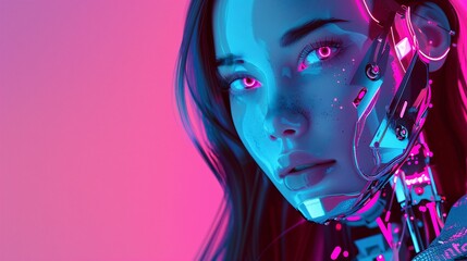 Portrait of futuristic  female cyborg in colored background