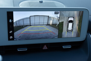 Surround view monitor. Front camera of circular 360 degrees view system. 360 terrain system in a...