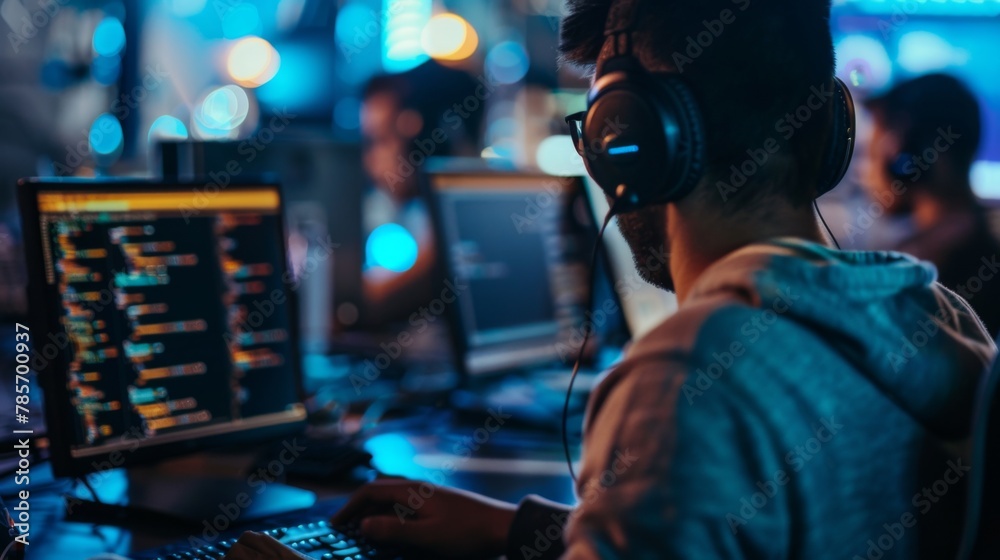 Aufkleber man with headphones working at computer